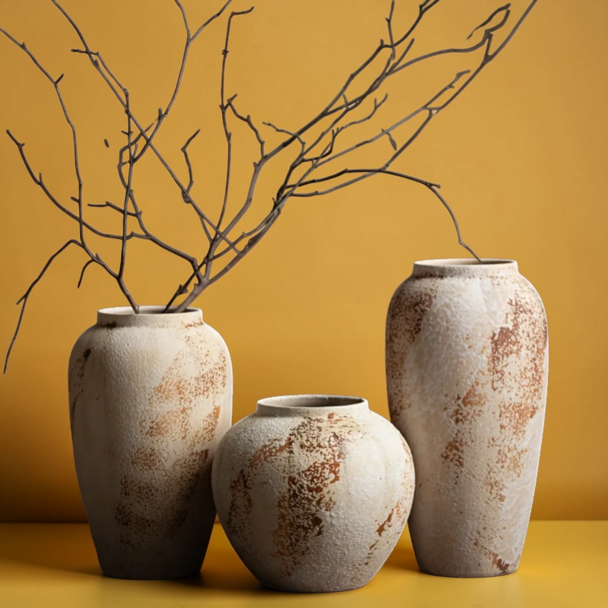 Rustic distressed ceramic vases in three sizes