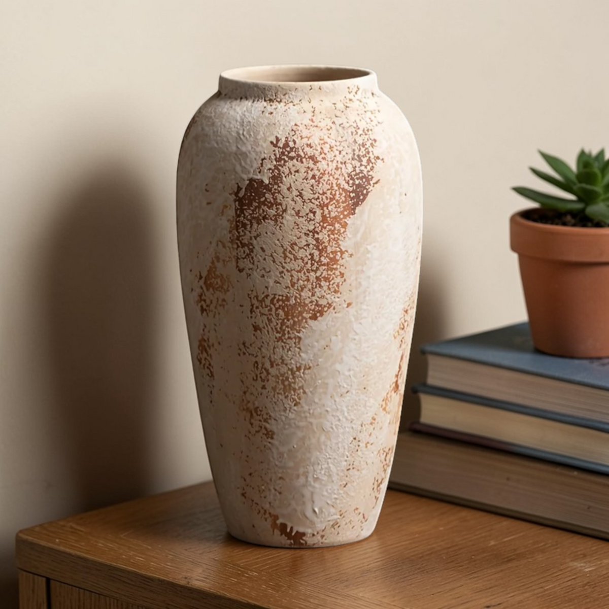 Large rustic ceramic vase styled with books and plant