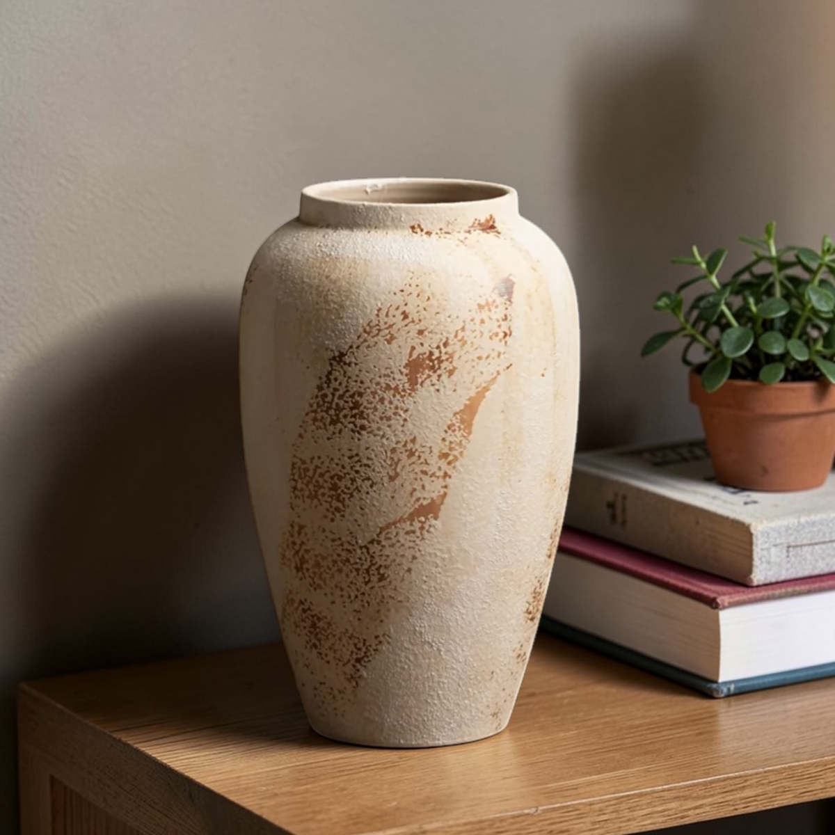 Medium rustic ceramic vase styled on table