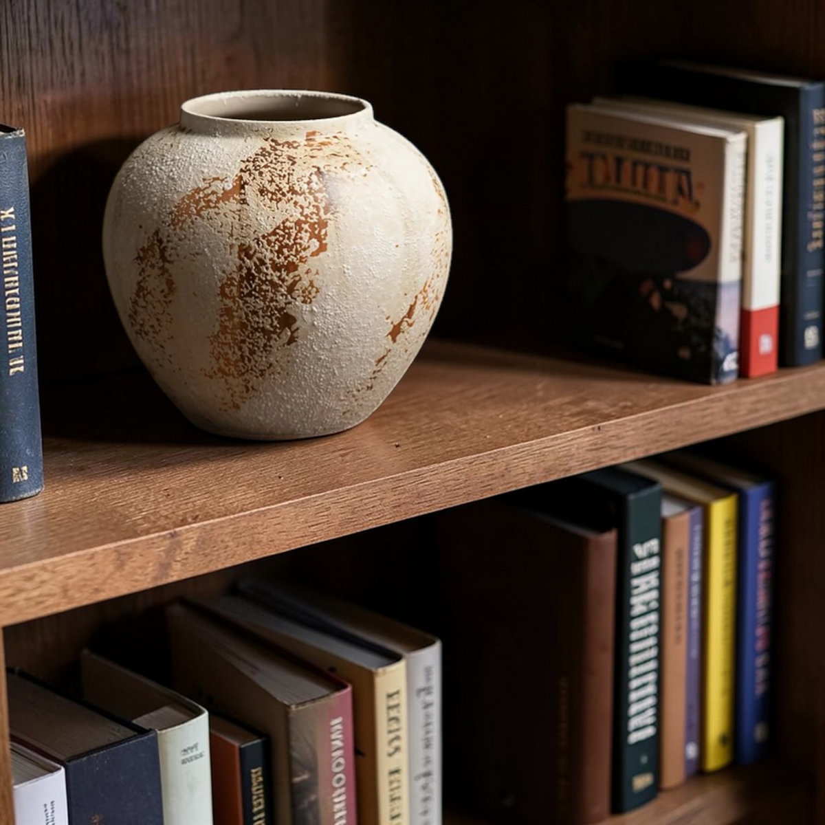 Small rustic ceramic vase on bookshelf