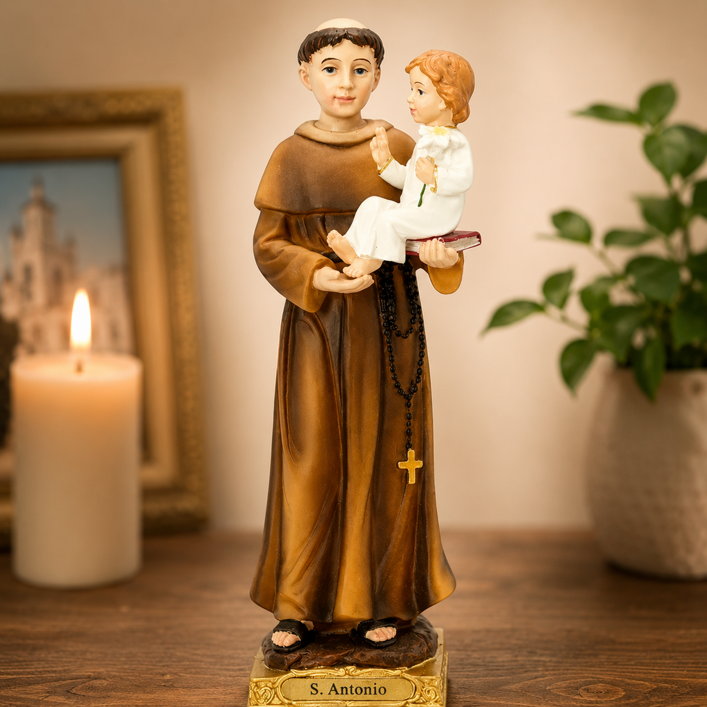 Saint Anthony statue displayed in a warm prayer space