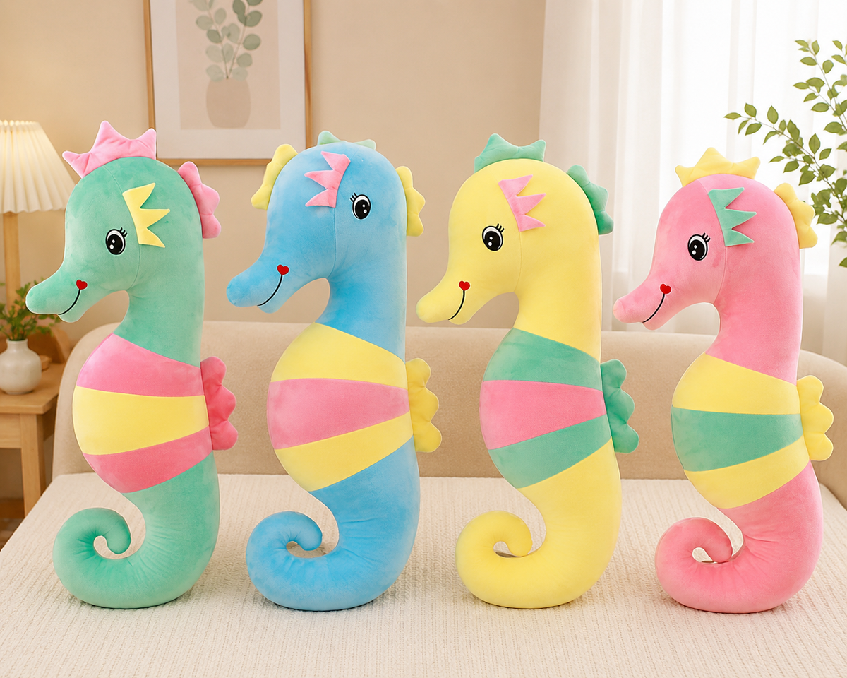 Large seahorse plush pillow available in green blue yellow and pink