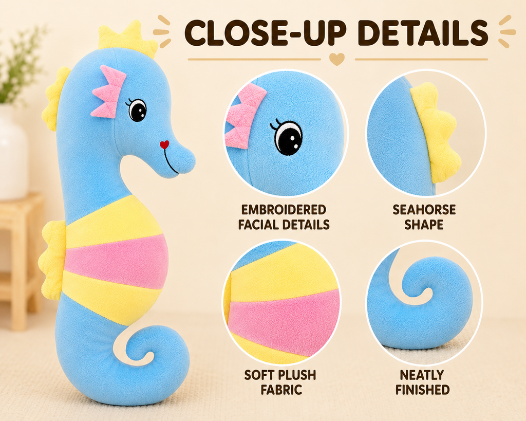 Large seahorse plush pillow close-up details