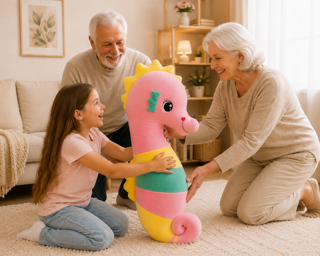 Large seahorse plush pillow gift lifestyle