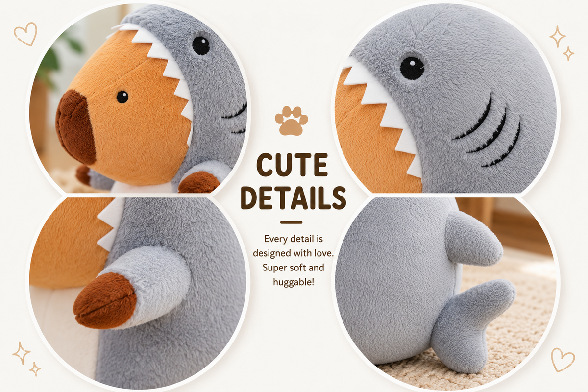 Shark capybara plush details