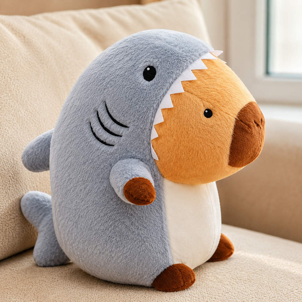 Shark capybara plush on sofa
