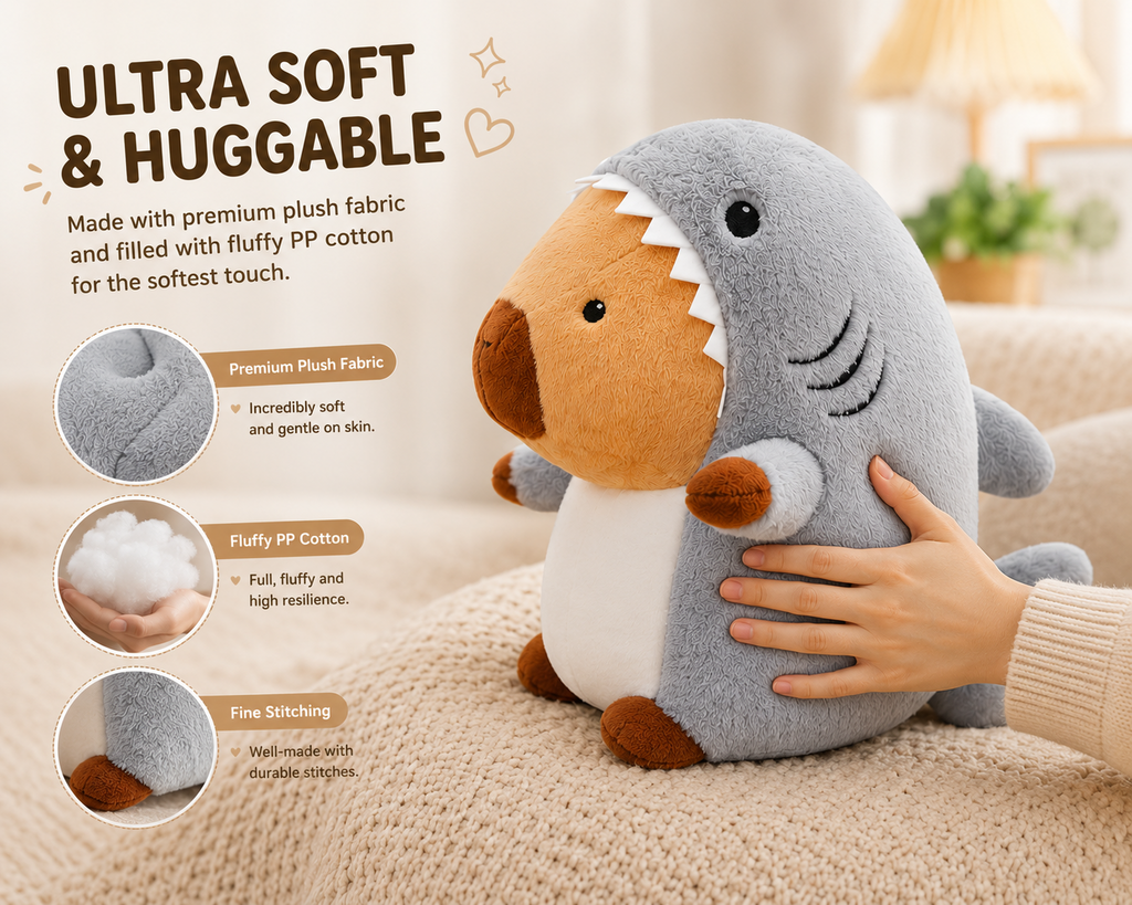 Shark capybara plush features
