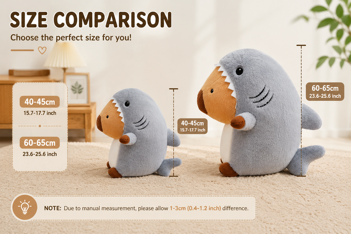 Shark capybara plush size comparison