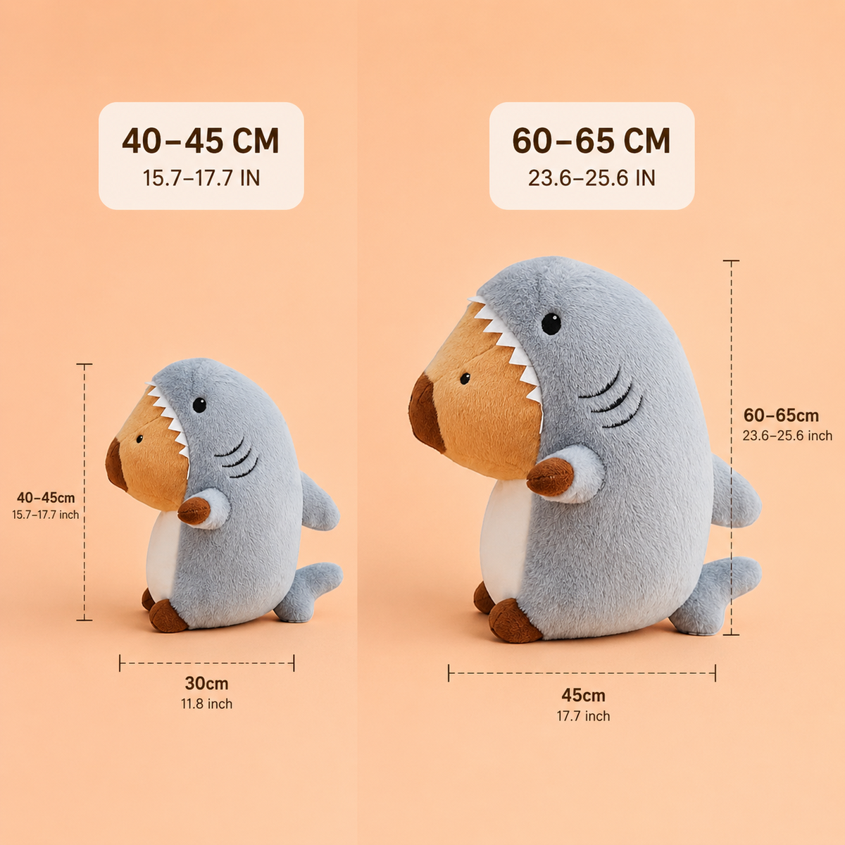 Two shark capybara plush sizes