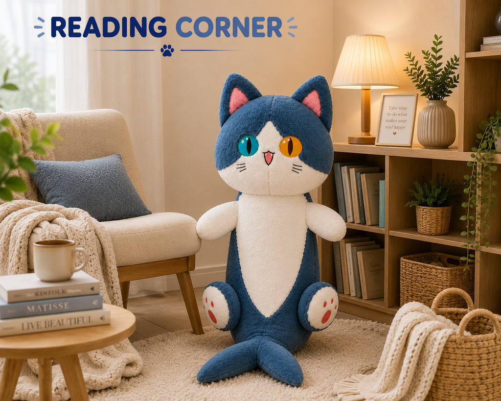 Shark Cat Plush Pillow reading corner