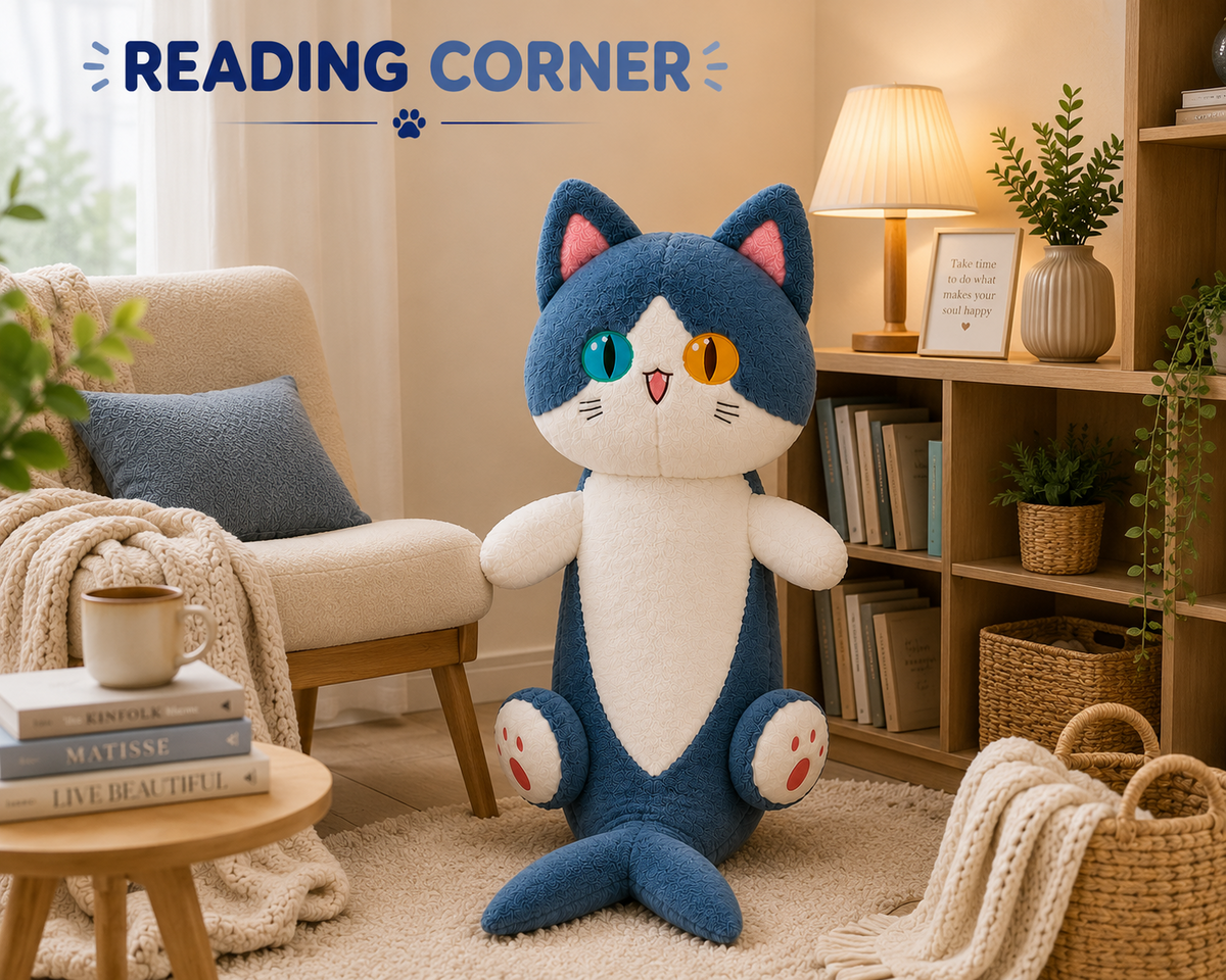 Shark Cat Plush Pillow reading corner