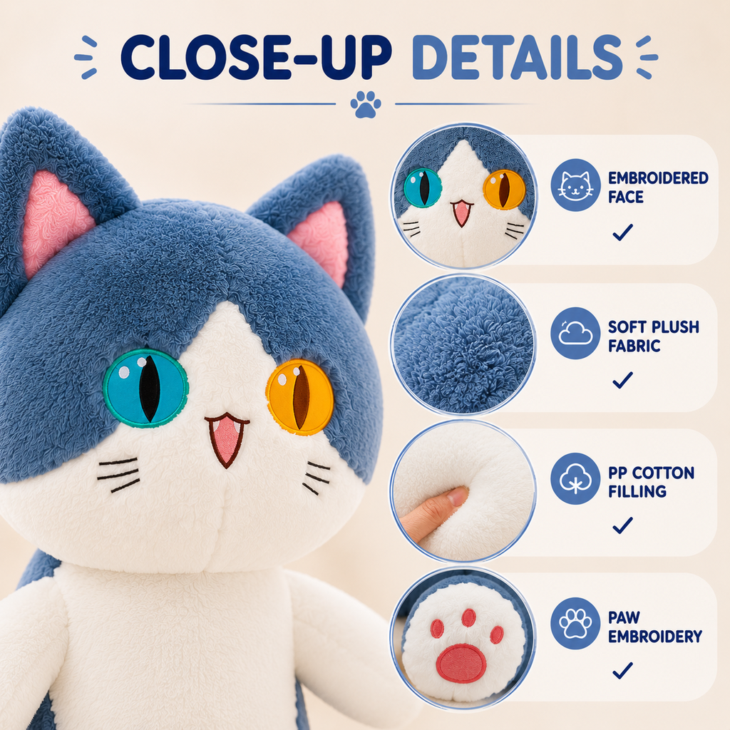 Shark Cat Plush Pillow close-up details