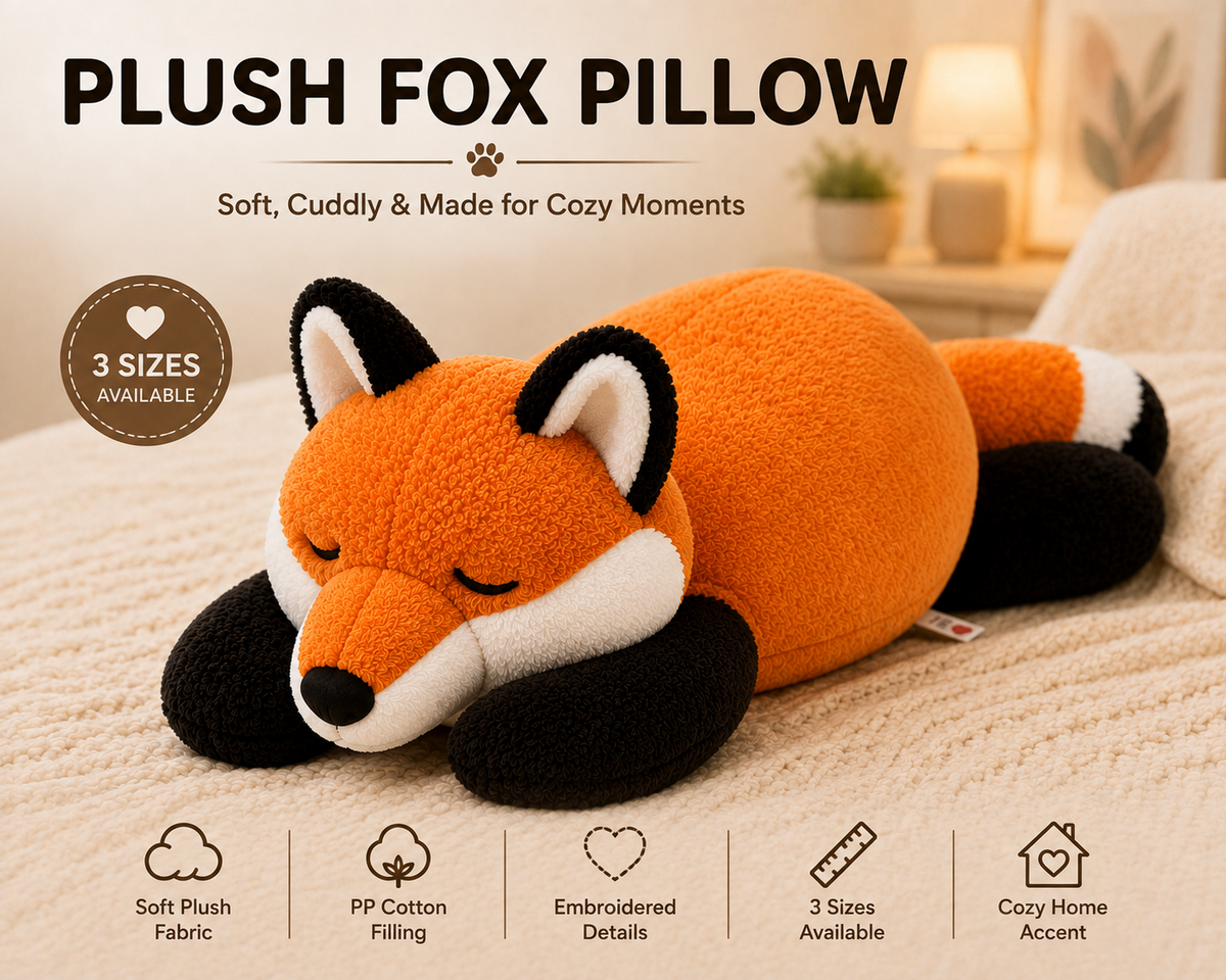 Sleeping fox plush pillow features