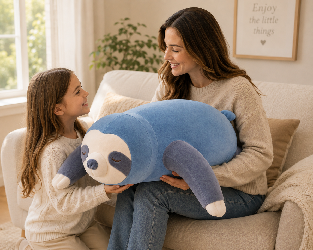 Blue sloth plush pillow lifestyle scene