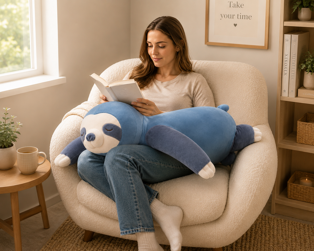 Blue sloth plush pillow in reading corner