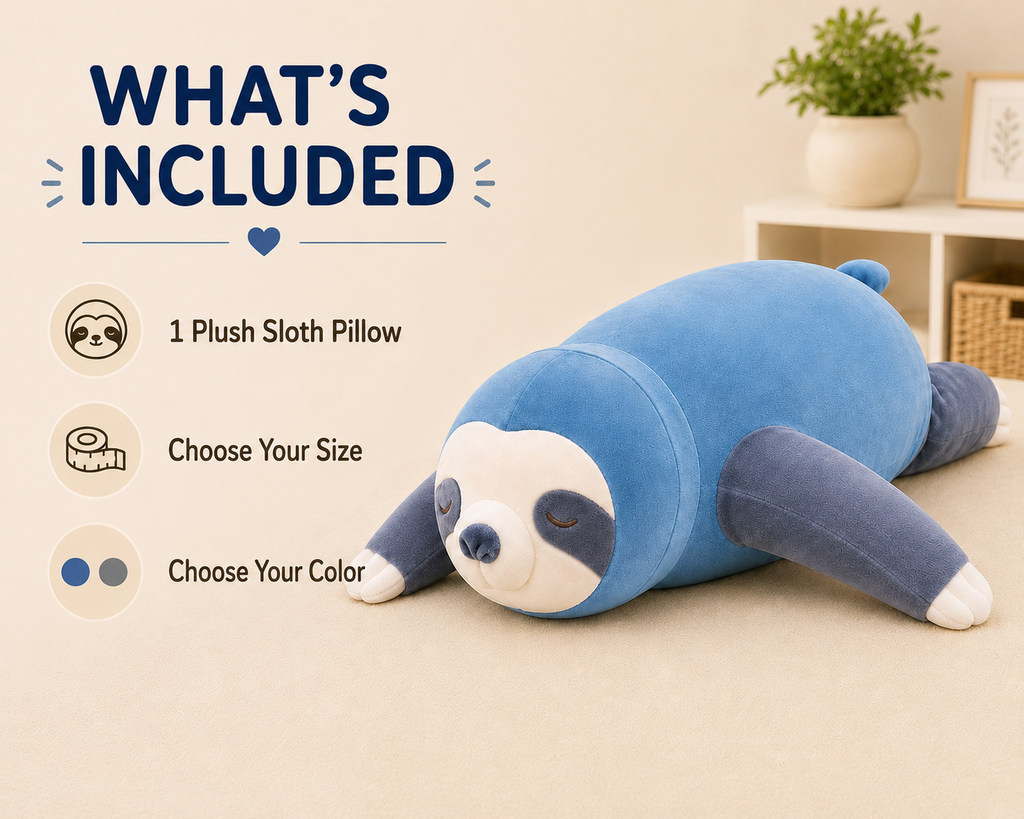 Sloth plush pillow package contents and options