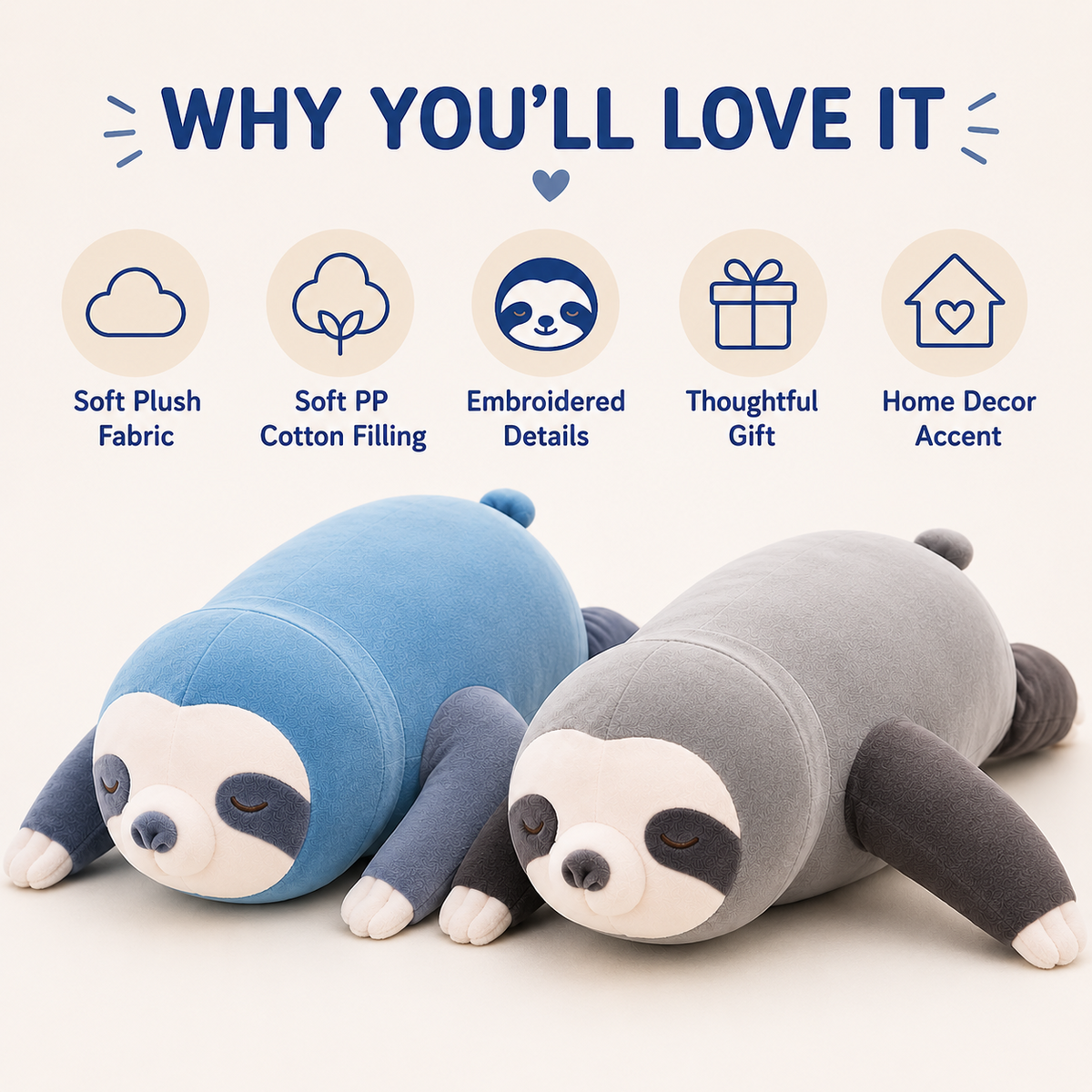 Blue and gray sloth plush pillow features