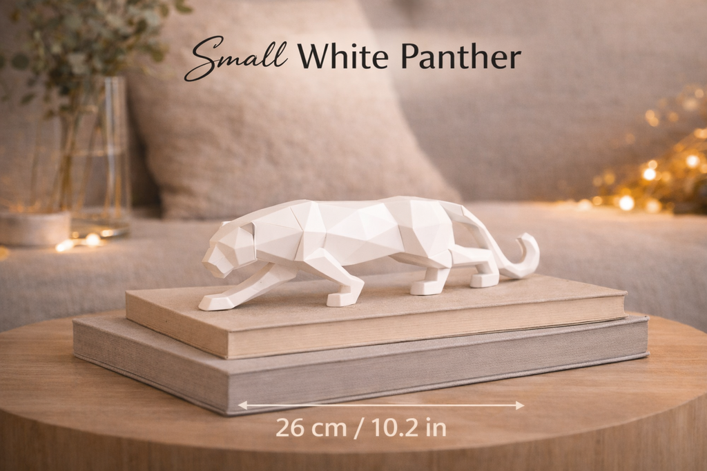 Small white geometric panther sculpture 26 cm