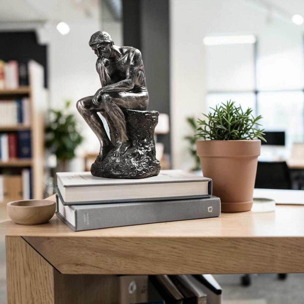 Charcoal Thinking Man sculpture on office books