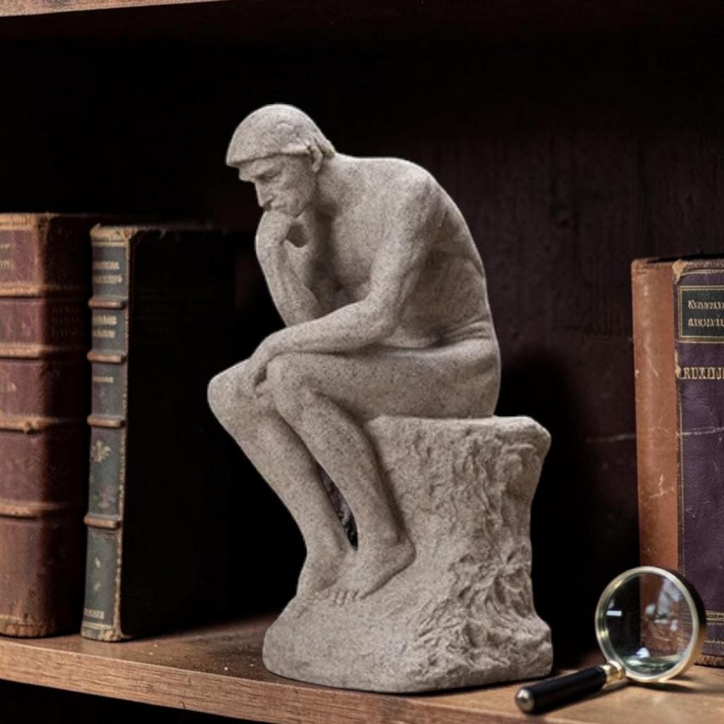 Ivory Thinking Man sculpture on bookshelf
