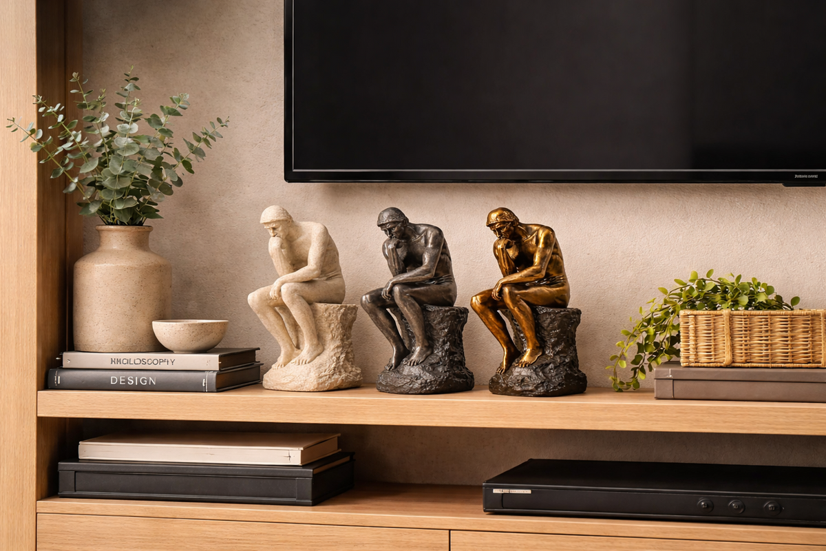 Thinking Man sculptures in three finishes on shelf