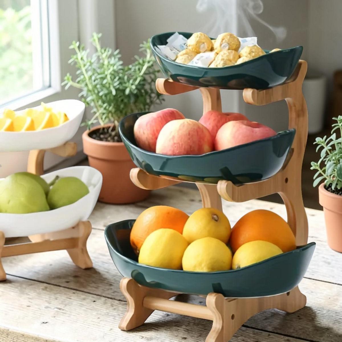 Cream three tier plastic fruit bowl stand with wooden frame