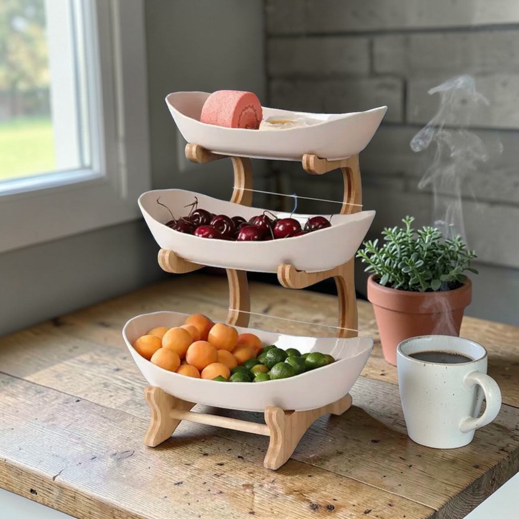 White three tier plastic fruit bowl stand with wooden frame on kitchen table