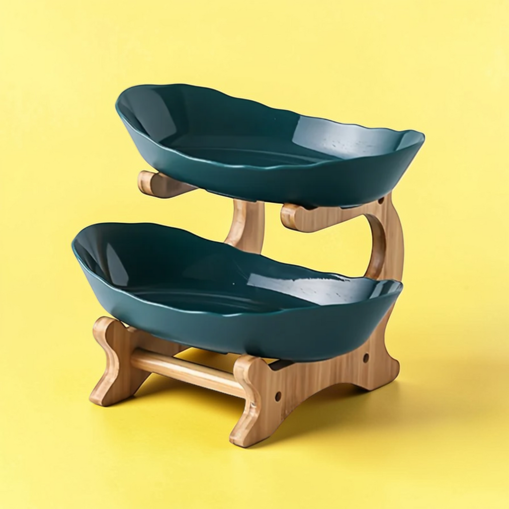 White three tier plastic fruit bowl stand with wooden frame
