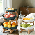 Two and three tier fruit bowl stands with plastic bowls and wooden frames