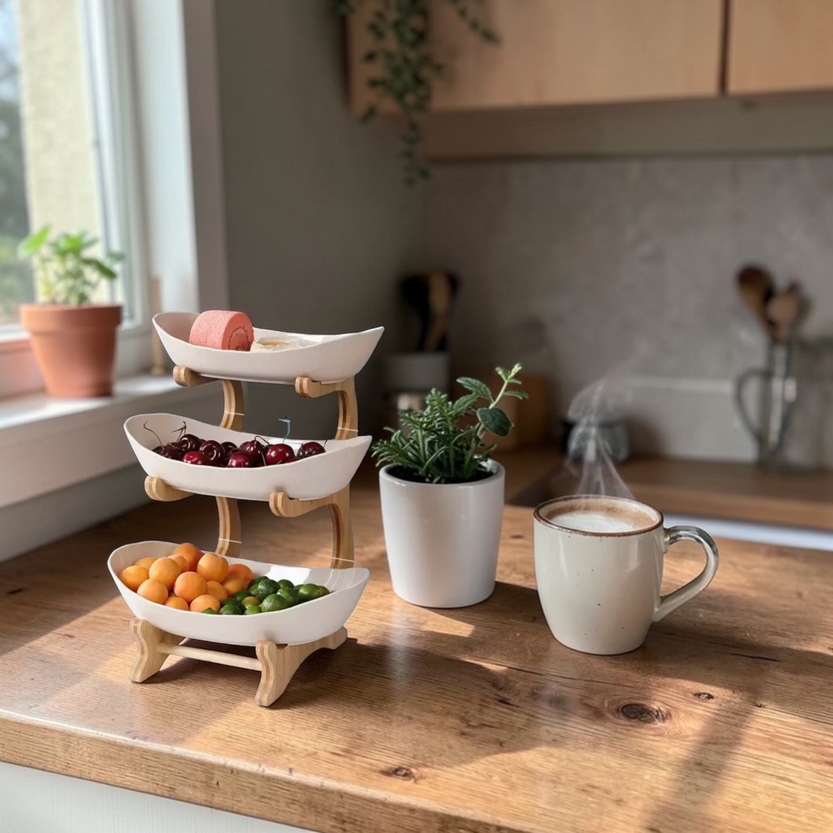 Cream two tier plastic fruit bowl stand with wooden frame