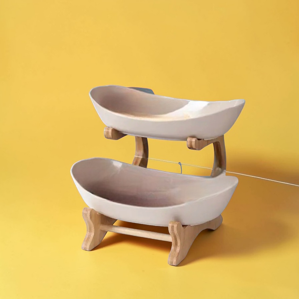 Dark green two tier plastic fruit bowl stand with wooden frame