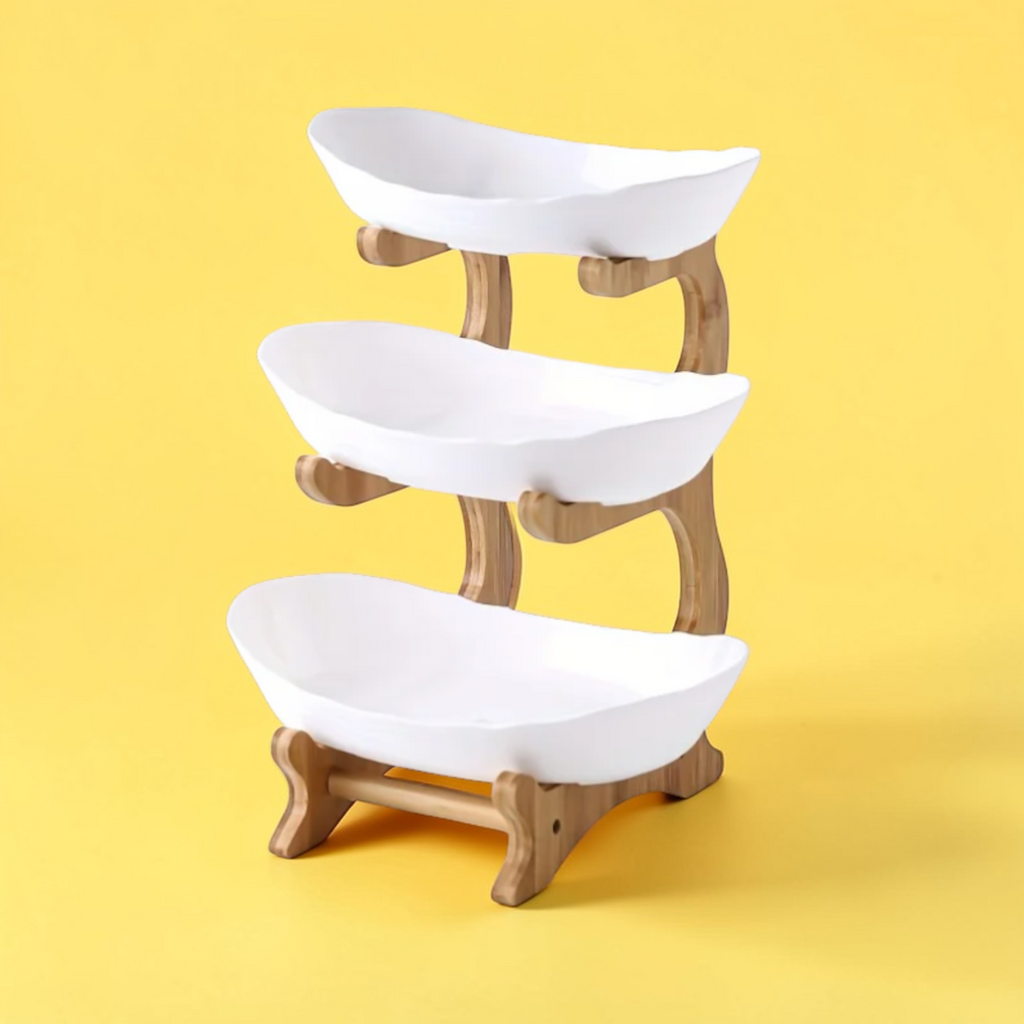 White two tier plastic fruit bowl stand with wooden frame