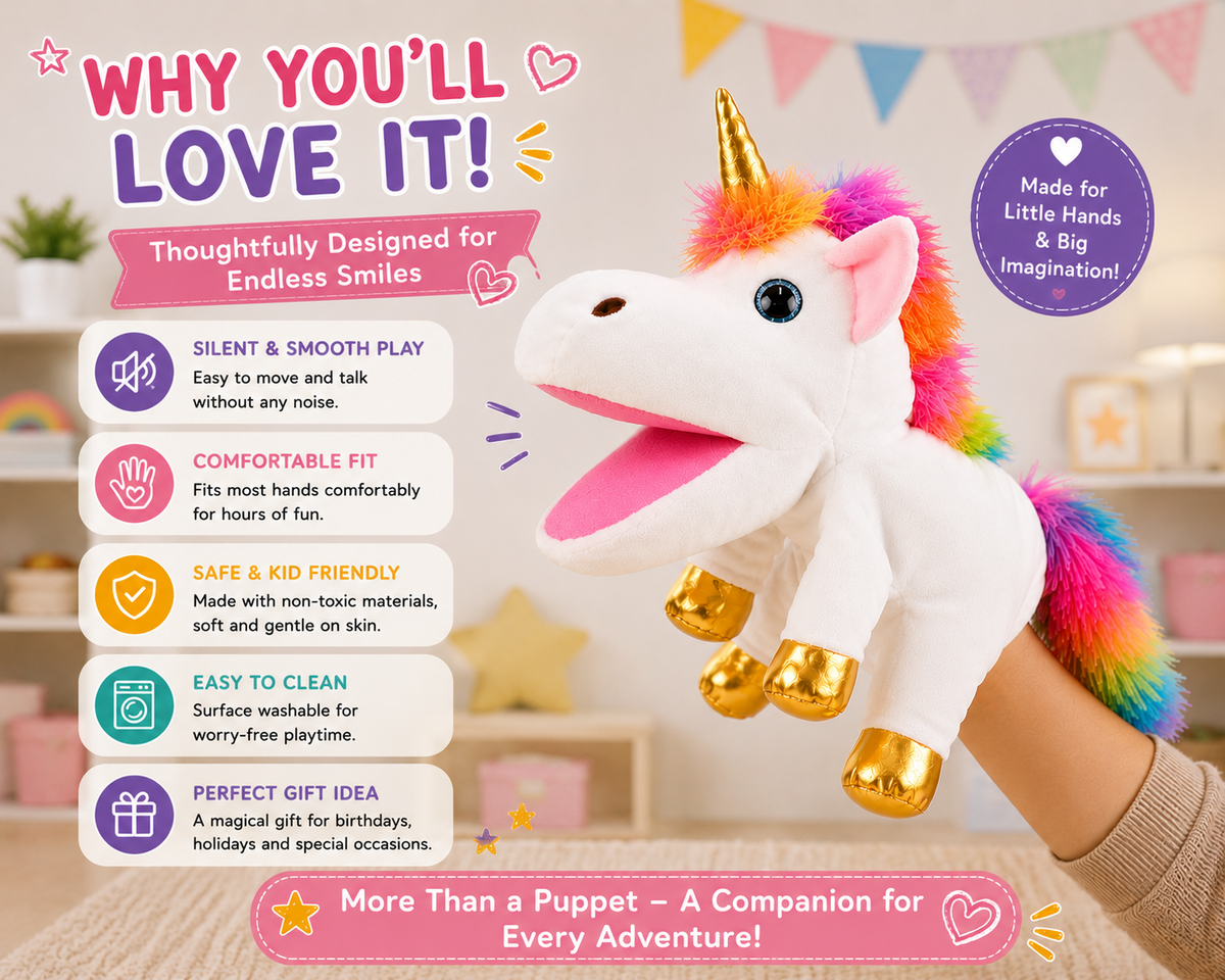 Unicorn hand puppet features and play ideas