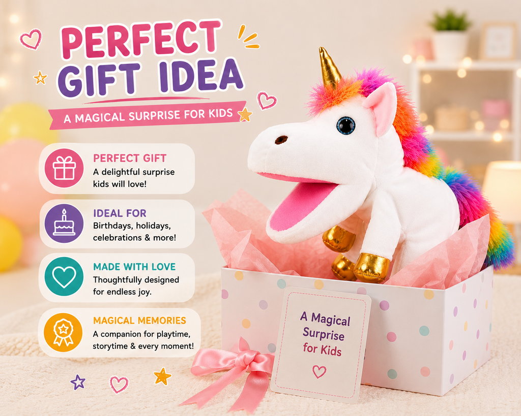 Unicorn hand puppet gift presentation