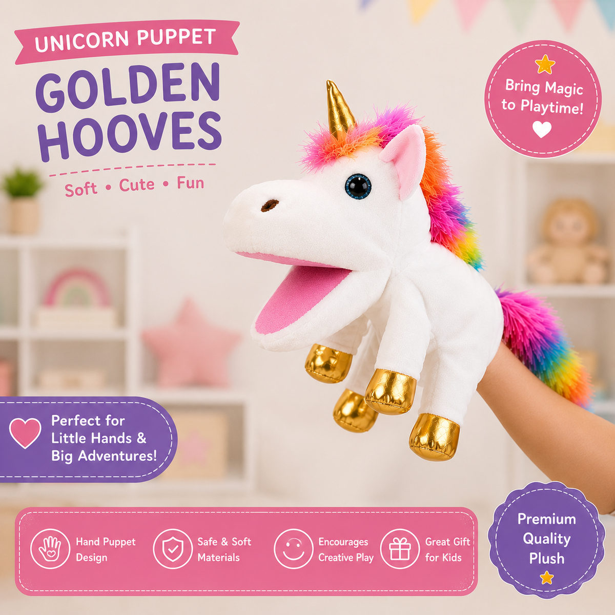 White unicorn hand puppet with golden horn and hooves