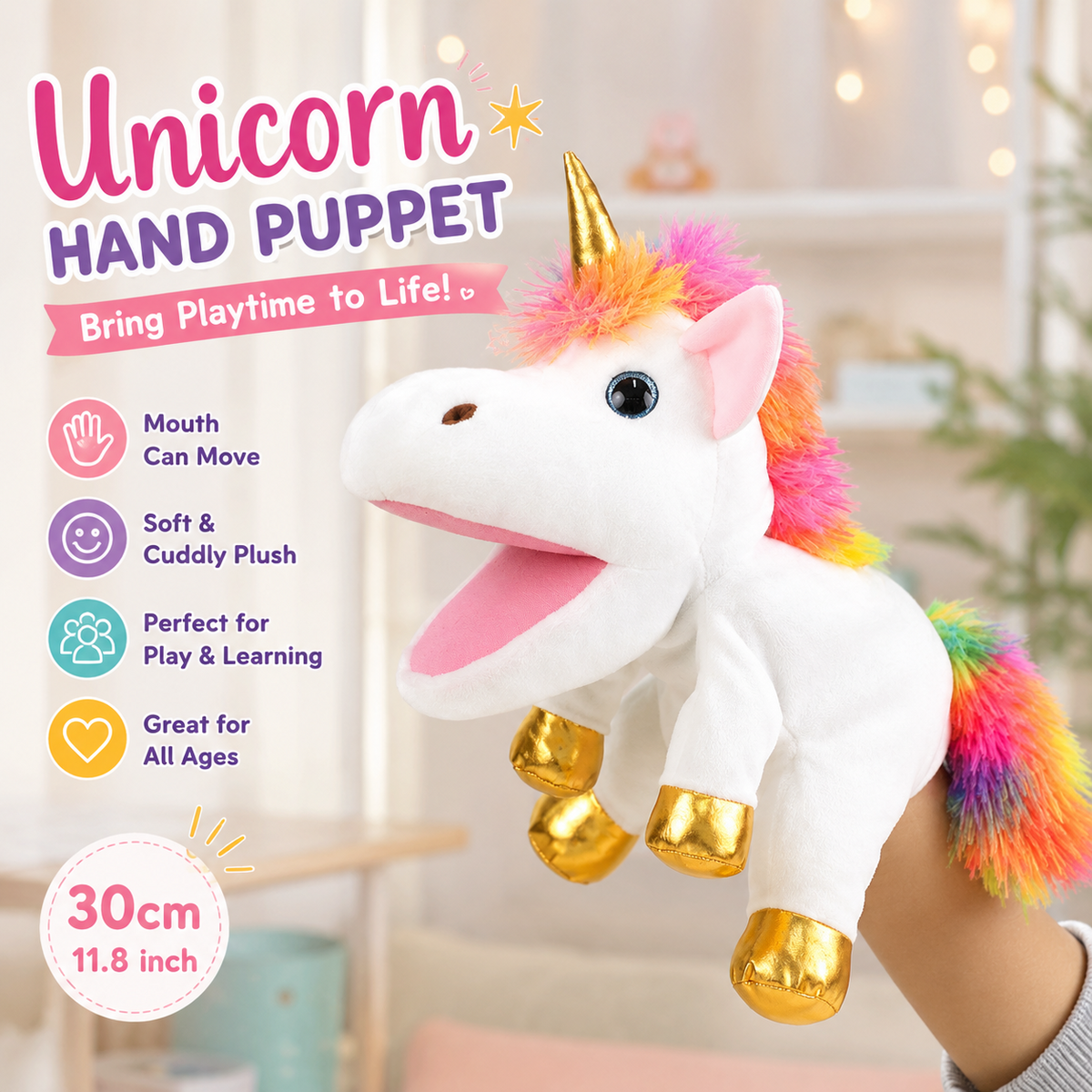 Unicorn hand puppet with moving mouth, 30 cm