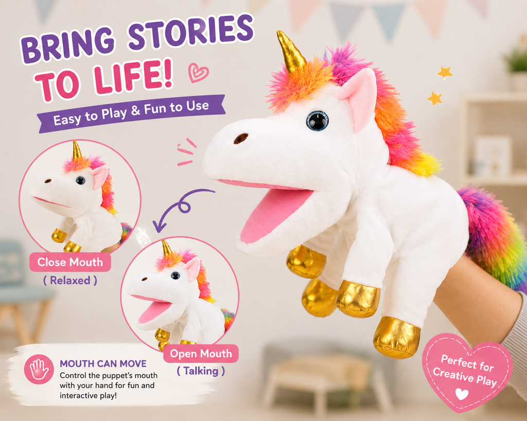 Unicorn hand puppet with open and closed moving mouth