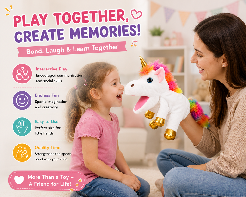 Parent and child playing with a unicorn hand puppet
