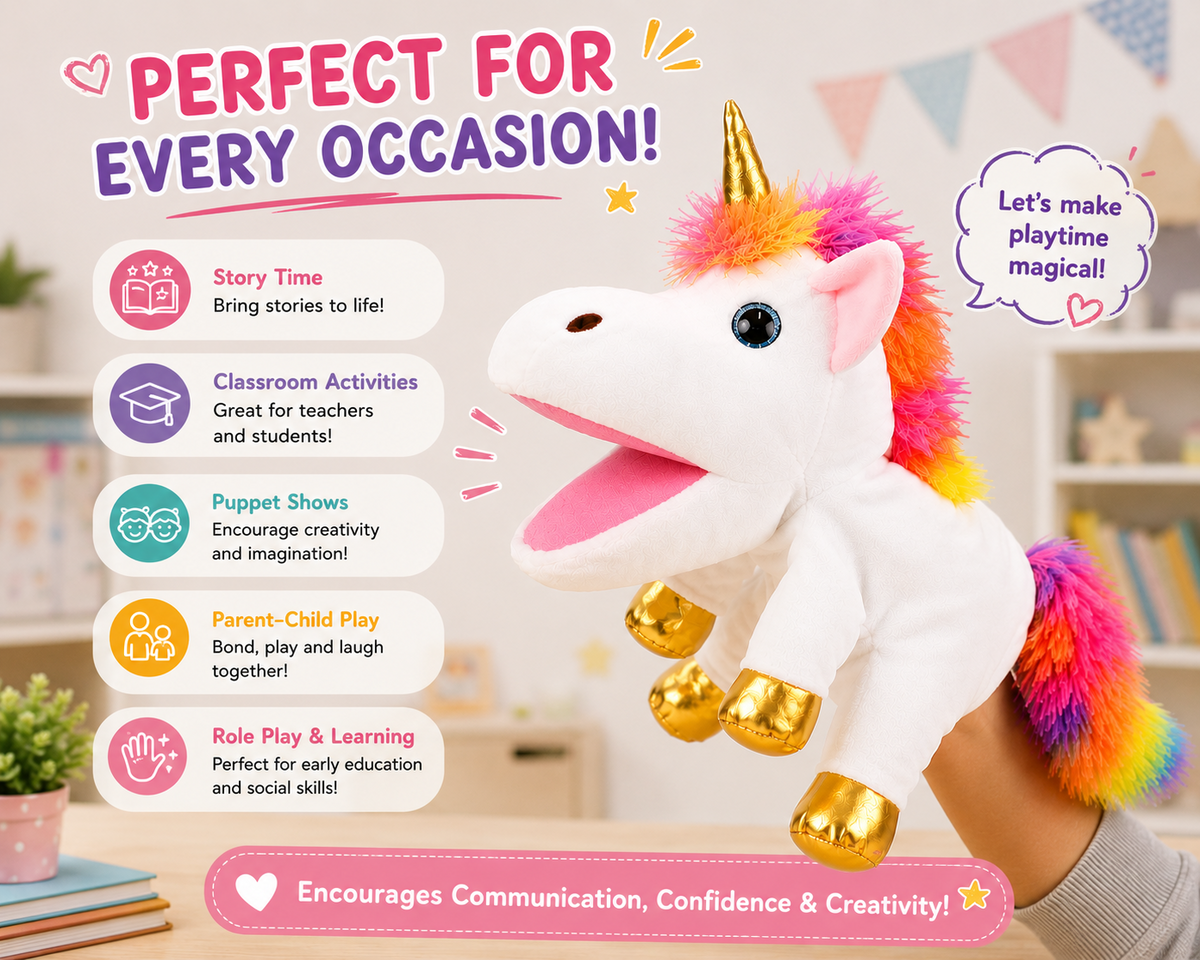 Unicorn hand puppet for storytelling and pretend play