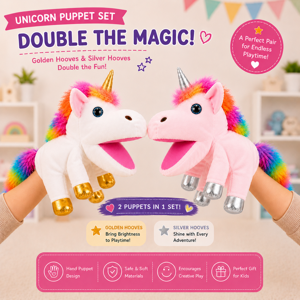 Set of two unicorn hand puppets, white and pink