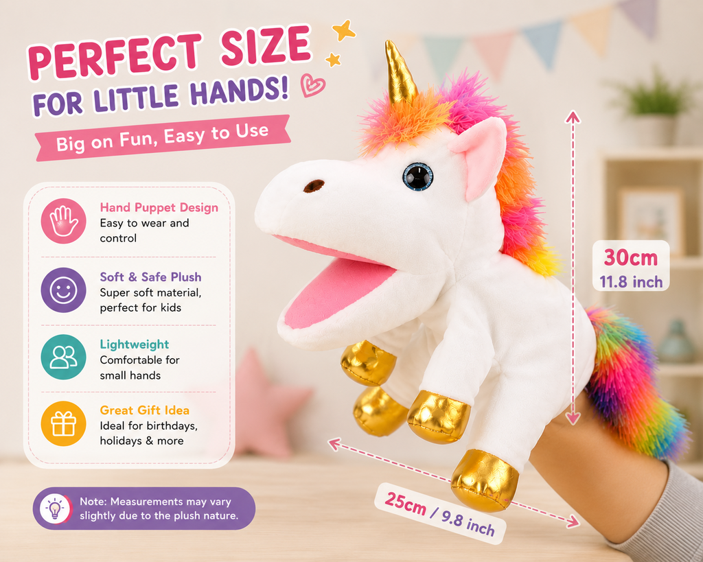 Unicorn hand puppet size 30 cm by 25 cm