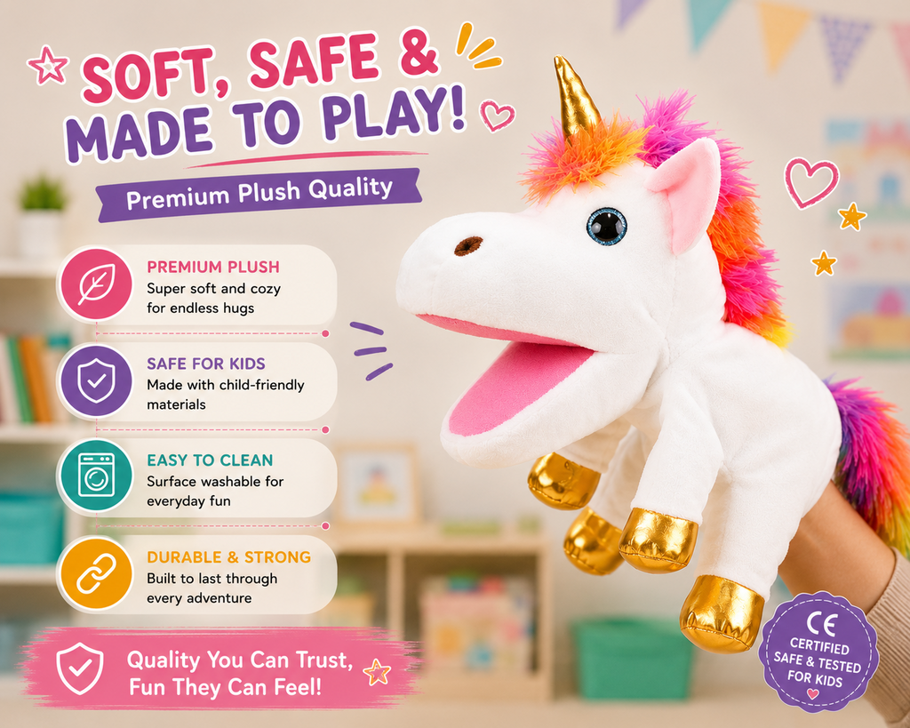 Unicorn hand puppet soft plush design