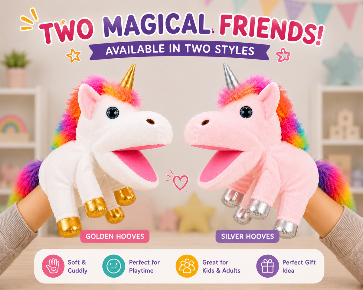 White and pink unicorn hand puppets in two styles