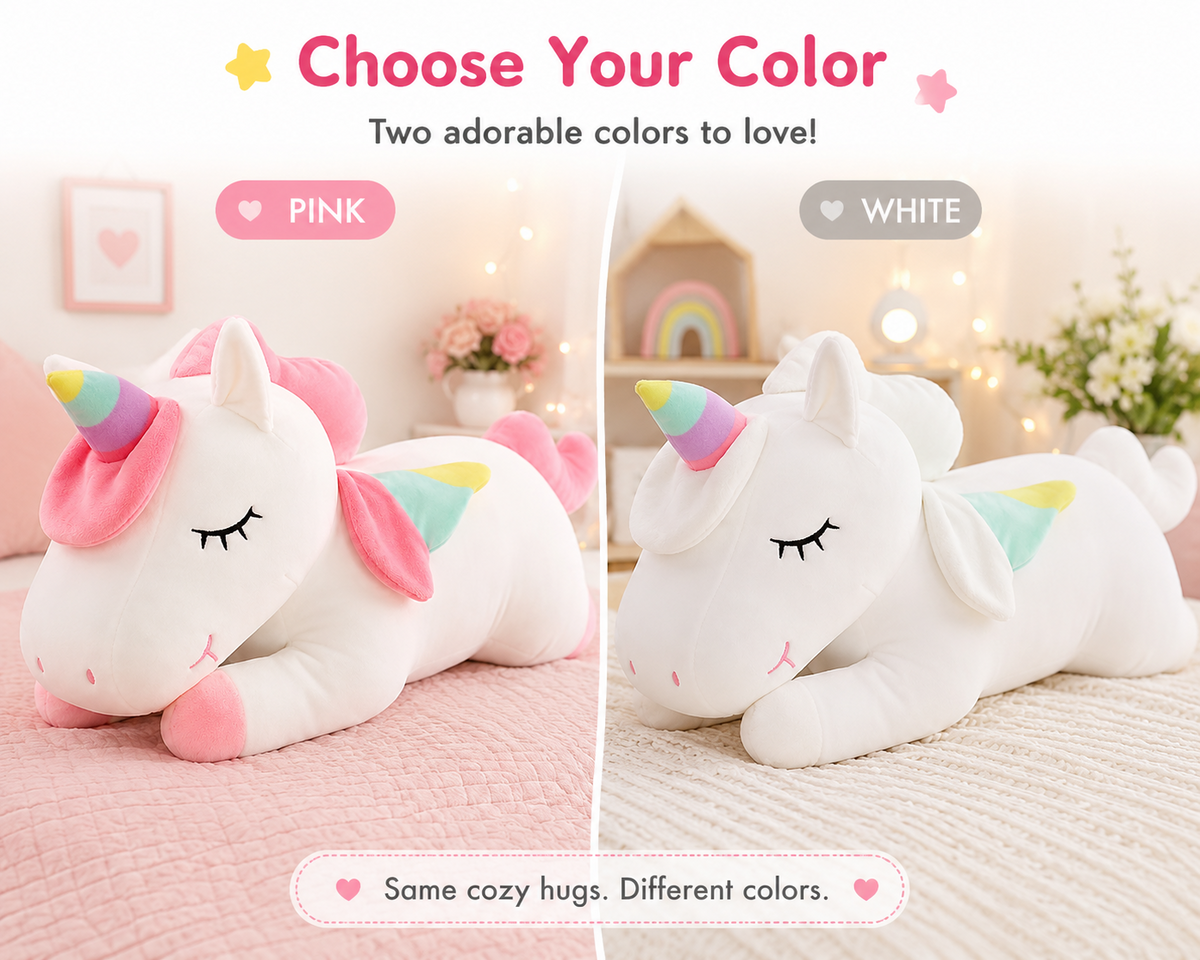 Unicorn plush pillow pink and white color options