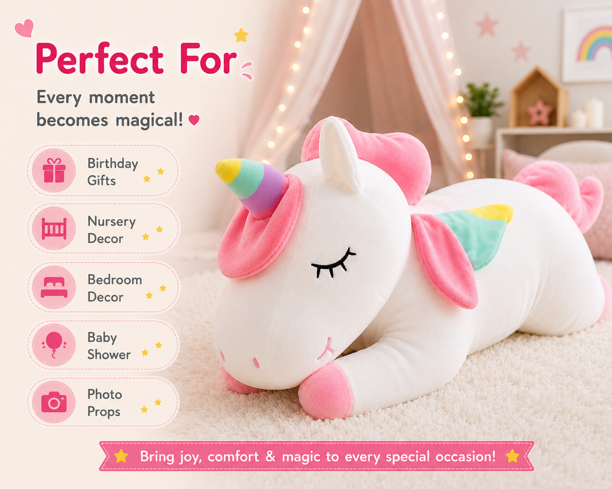 Unicorn plush pillow nursery lifestyle