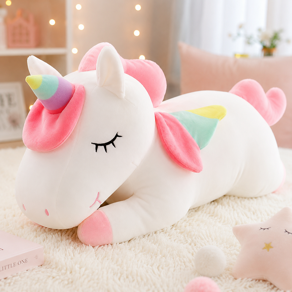 Unicorn plush pillow in white and pink