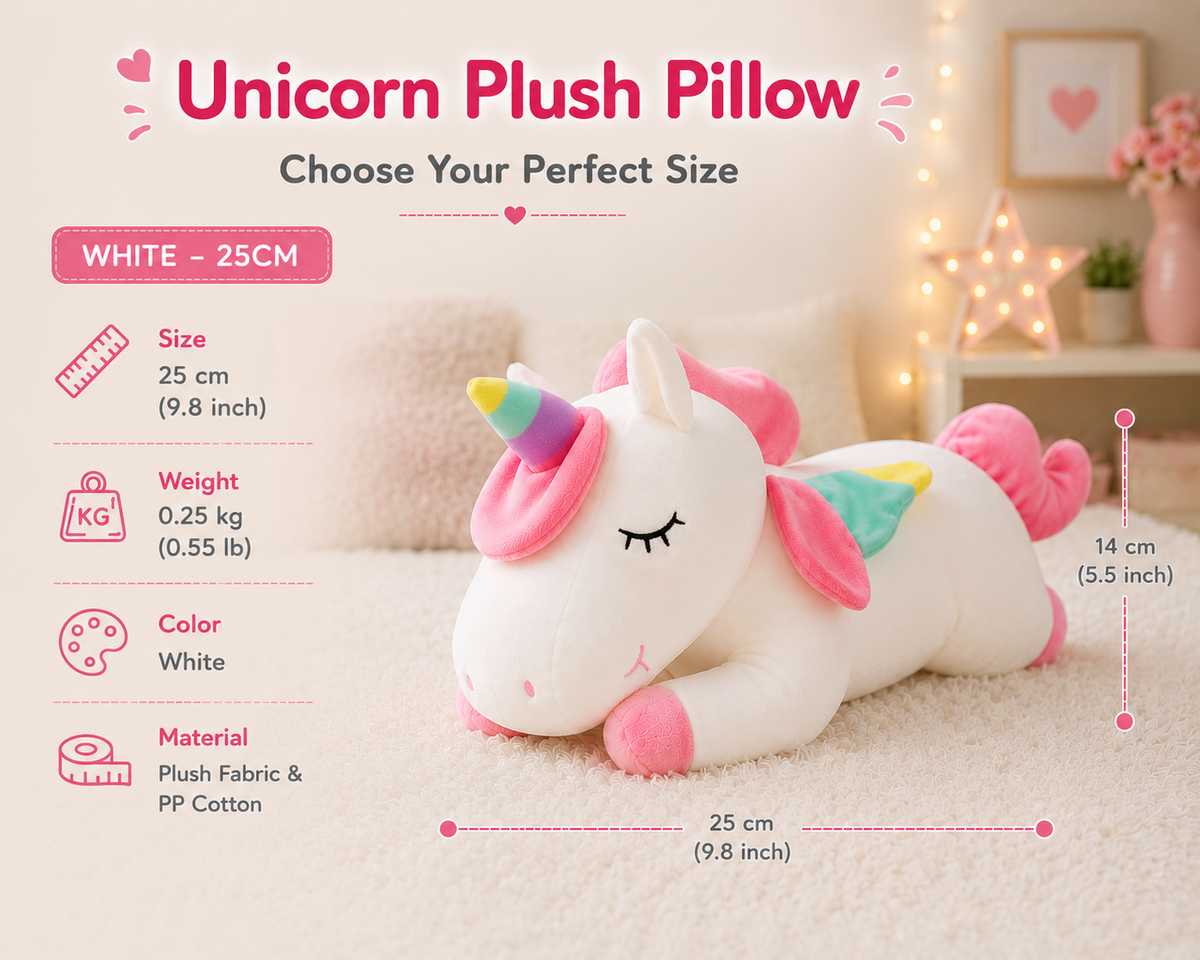 Unicorn plush pillow size comparison 25 cm and 35 cm
