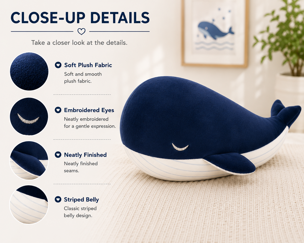 Blue plush whale pillow