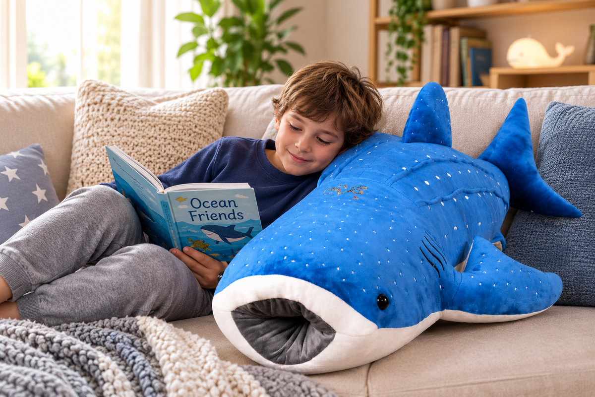 Whale shark plush reading companion