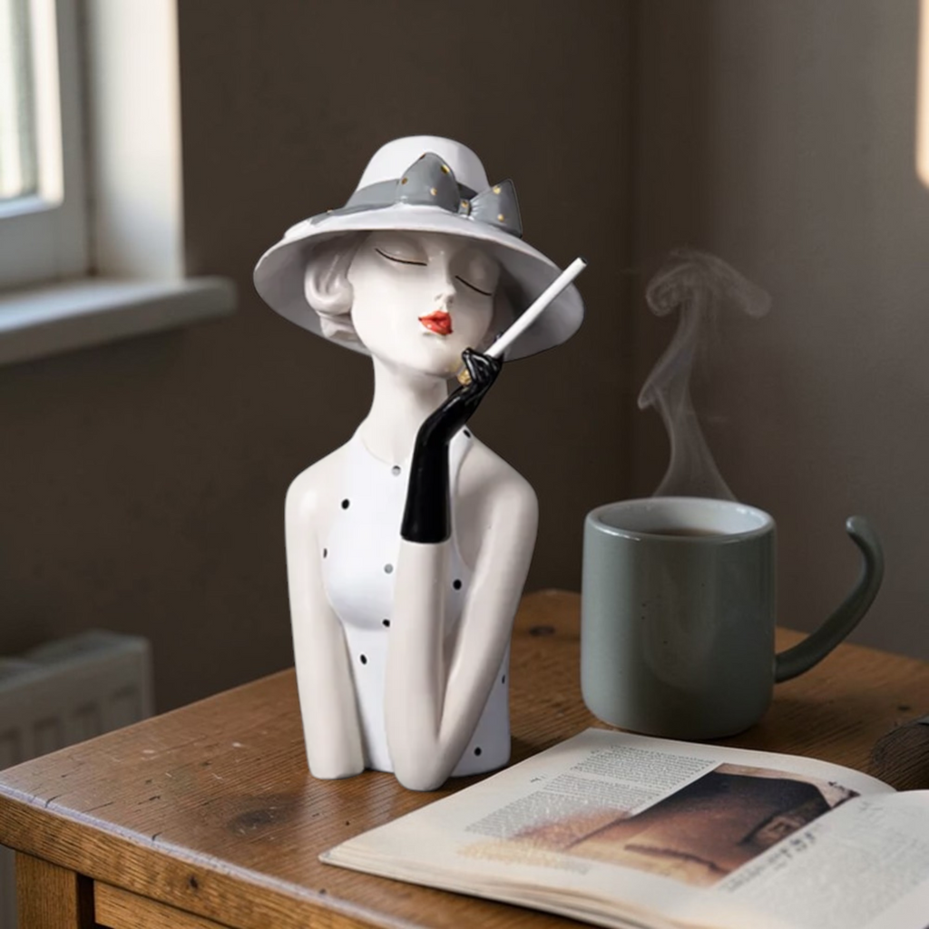 White hat lady sculpture styled on a side table